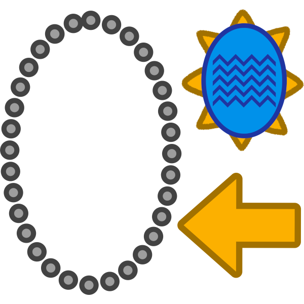 a grey dotted line in the shape of an oval. to the right of it is a blue oval with dark blue zigzag lines in the middle, there’s yellow spikes around the oval. under the oval is a yellow arrow pointing left.